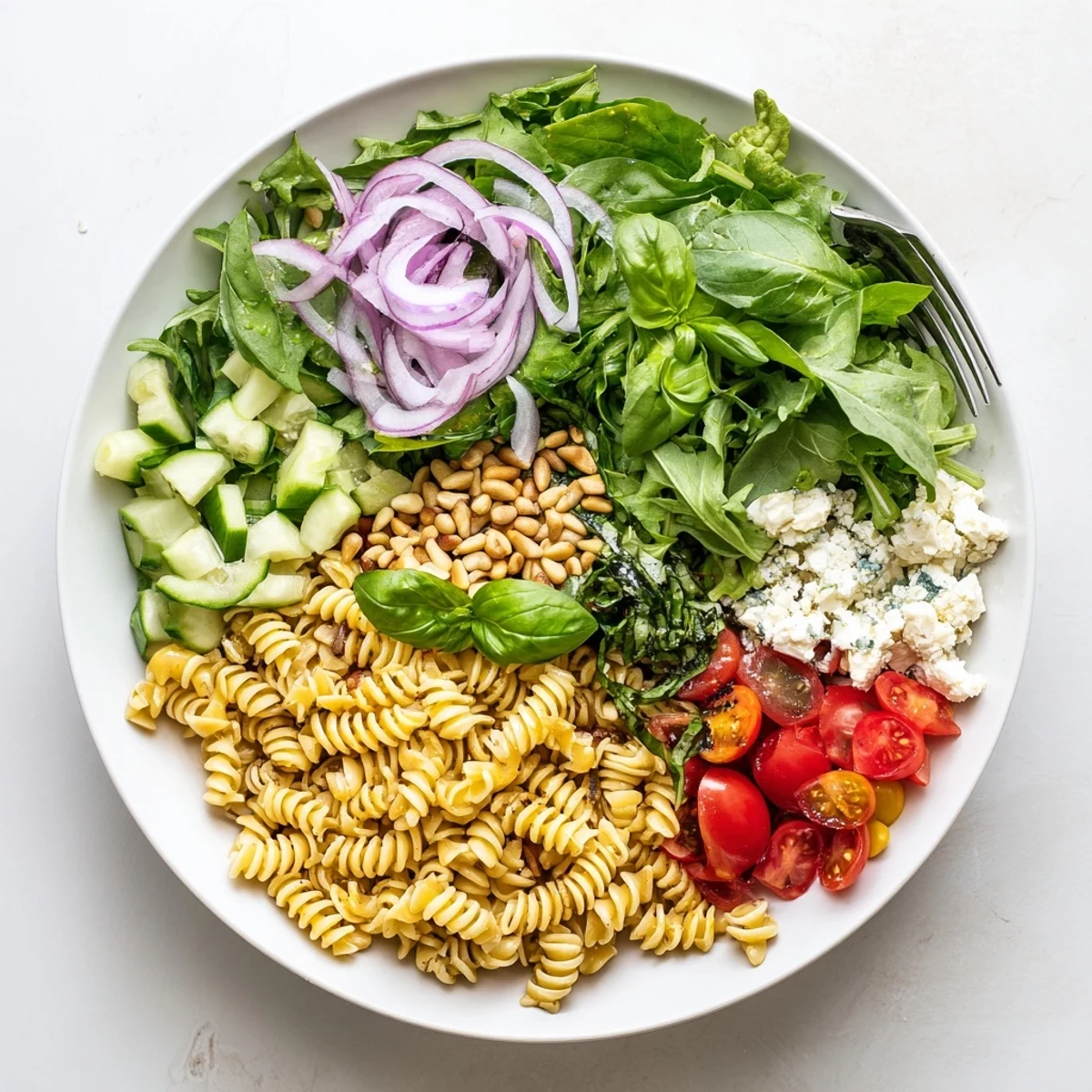 Colorful summer pasta salad with baby greens, cherry tomatoes, and crisp vegetables in a light lemon dressing