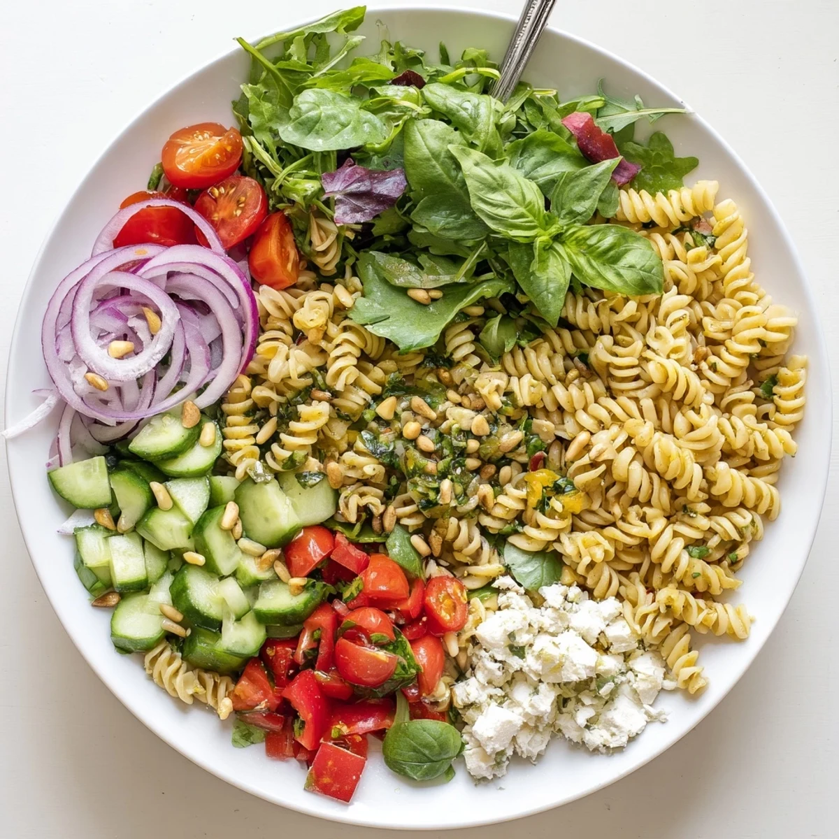 Refreshing summer pasta salad with baby greens topped with feta cheese, pine nuts, and fresh basil