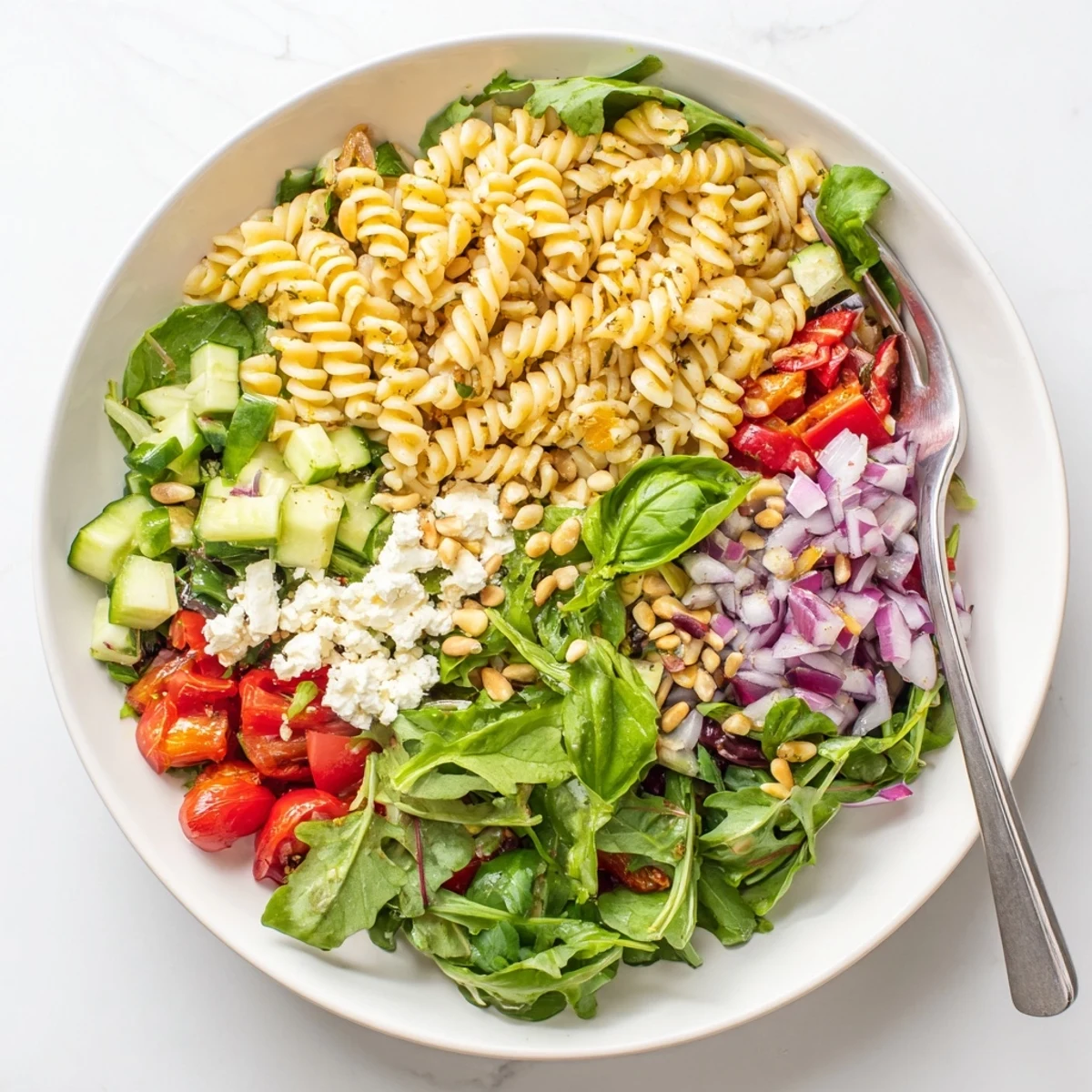 Vibrant summer pasta salad featuring tender baby greens, diced vegetables, and tangy feta crumbles