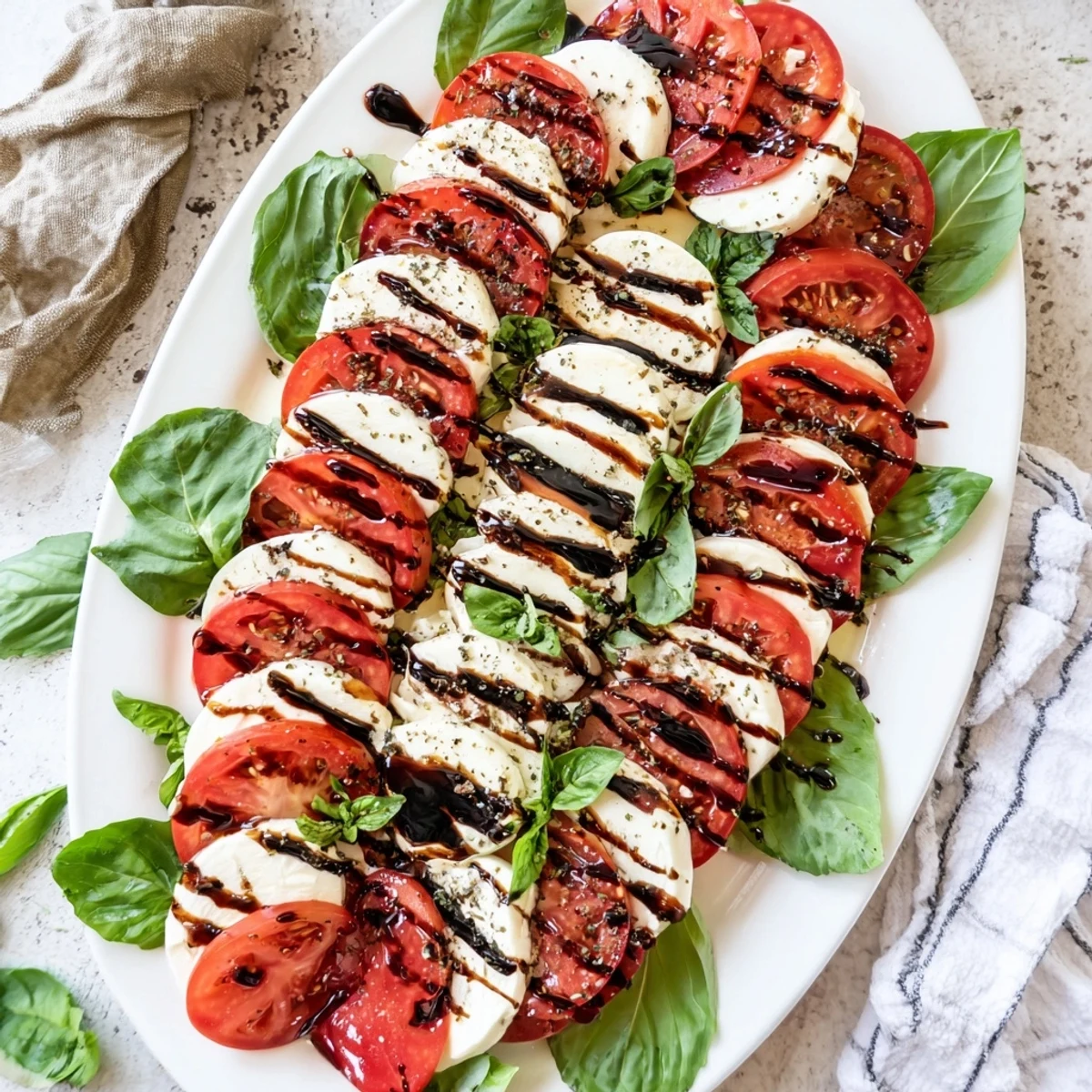 Christmas candy cane Caprese appetizer arranged on a white platter with red tomatoes, white mozzarella, green basil, and dark balsamic glaze swirl