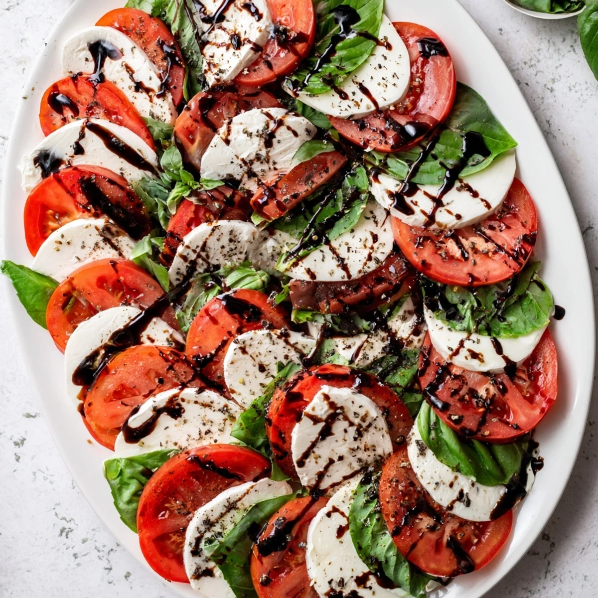 Holiday Caprese salad shaped like a candy cane featuring alternating mozzarella and tomato slices topped with fresh basil and olive oil