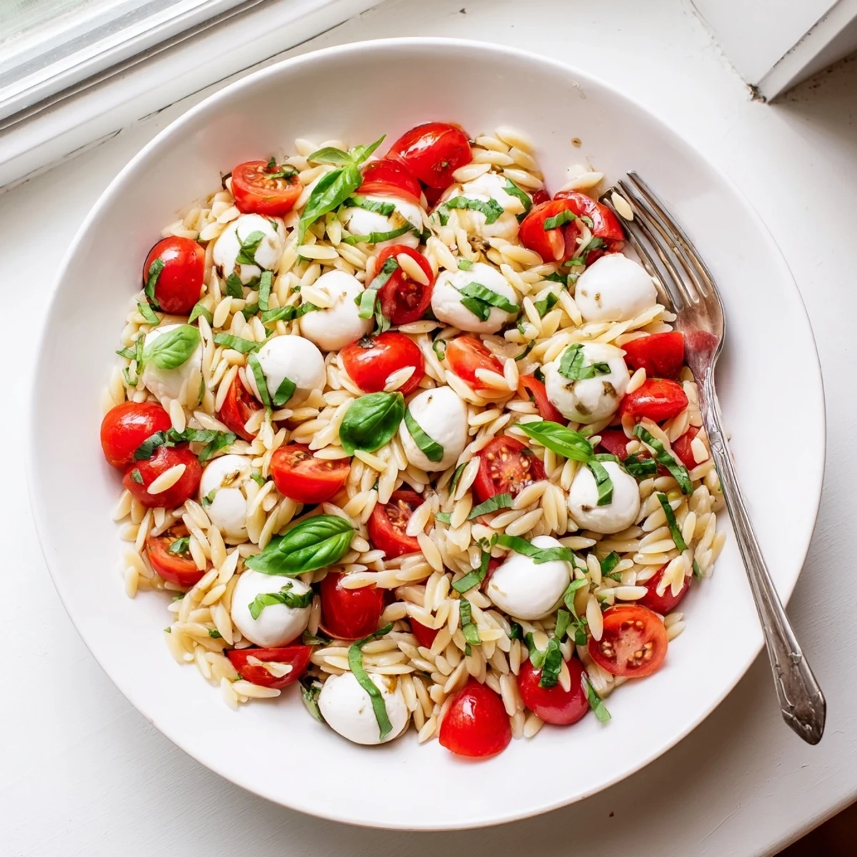 Colorful Caprese orzo pasta salad tossed with fresh basil and mozzarella in a white bowl