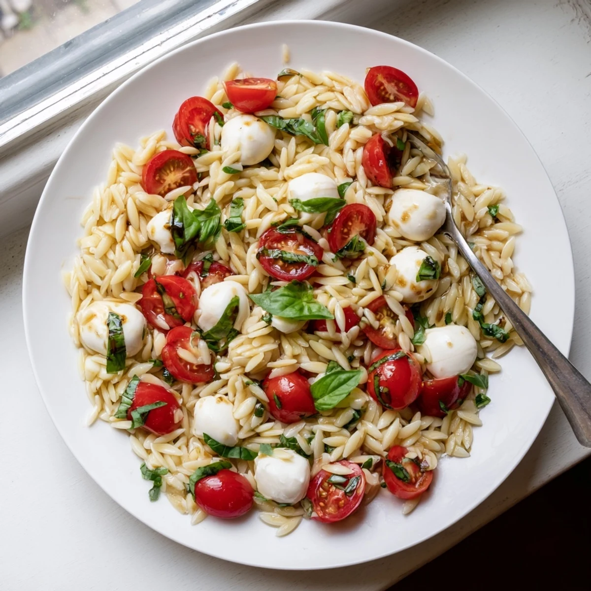 Summer Caprese orzo pasta salad featuring cherry tomatoes and creamy cheese on a rustic wooden table