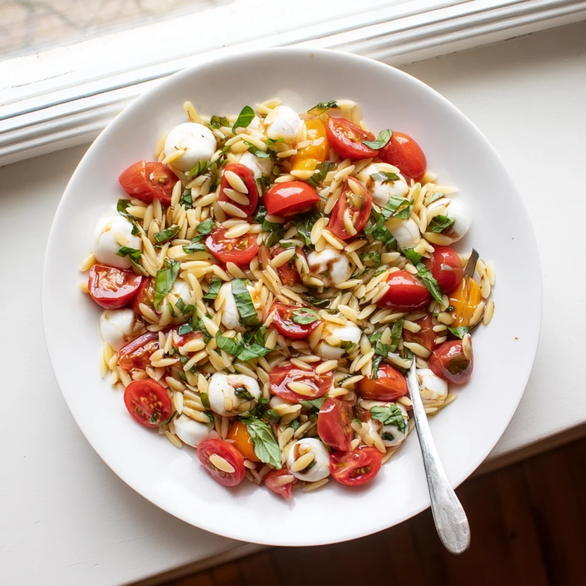 Fresh Caprese orzo pasta salad with balsamic dressing served chilled for a light lunch