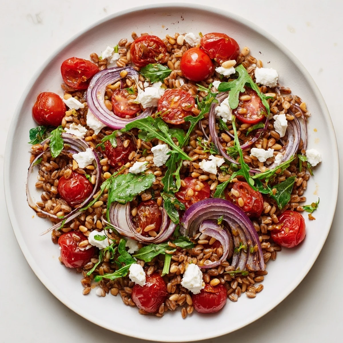 Golden slow roasted tomatoes nestled atop chewy farro with fresh basil and crumbled feta in this vibrant Mediterranean salad.