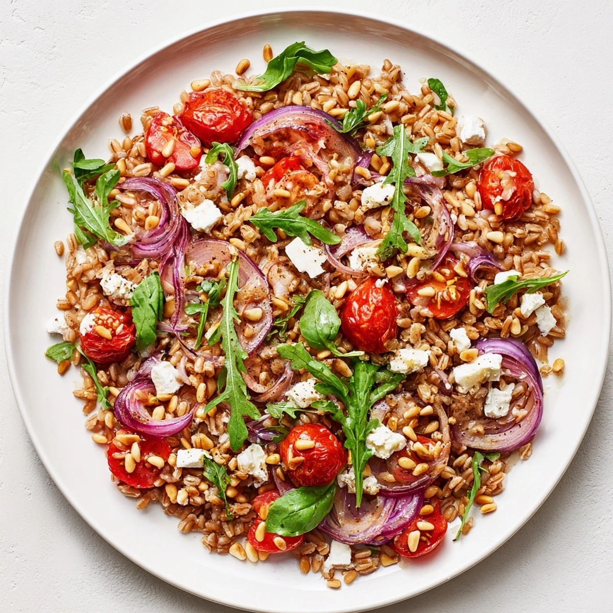 Colorful bowl of nutty farro tossed with concentrated roasted tomatoes, red onion, baby greens, and optional pine nuts for a satisfying vegetarian meal.