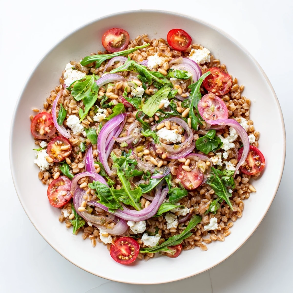 Hearty Ultimate Slow Roasted Tomato Farro Salad featuring tender grain, sweet caramelized cherry tomatoes, peppery arugula, and tangy balsamic dressing.