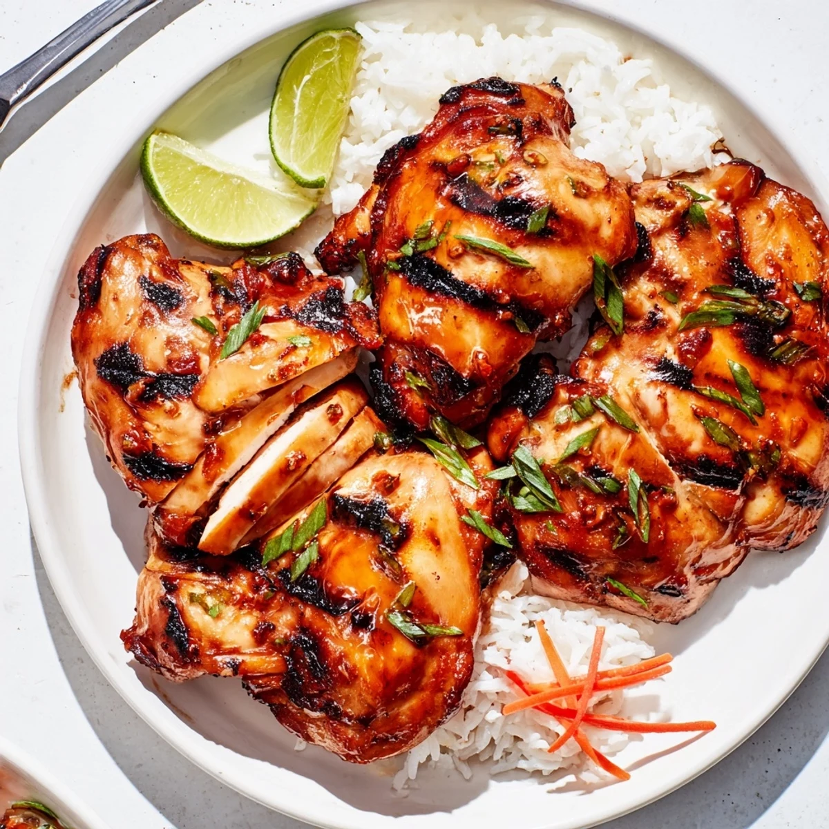 Grilled Vietnamese Chicken glistening with char marks, garnished with lime wedges  
