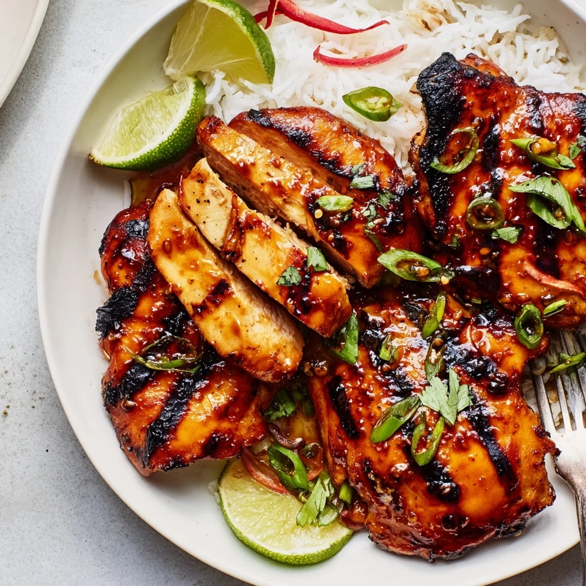 Juicy Grilled Vietnamese Chicken sliced over jasmine rice, cilantro and scallions  