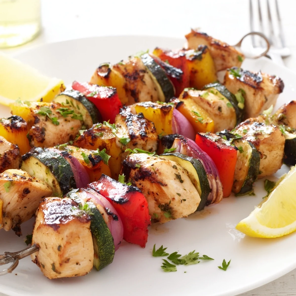 Grilled Chicken Kabobs sizzling with charred edges, vibrant peppers and lemon