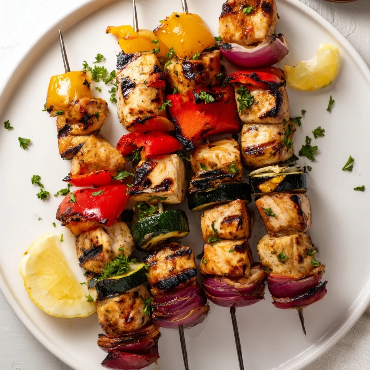 Skewered Grilled Chicken Kabobs glistening from marinade, served with parsley and lemon