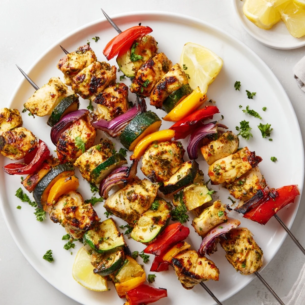 Wooden skewered Grilled Chicken Kabobs resting on grill, smoky char and lemon wedges