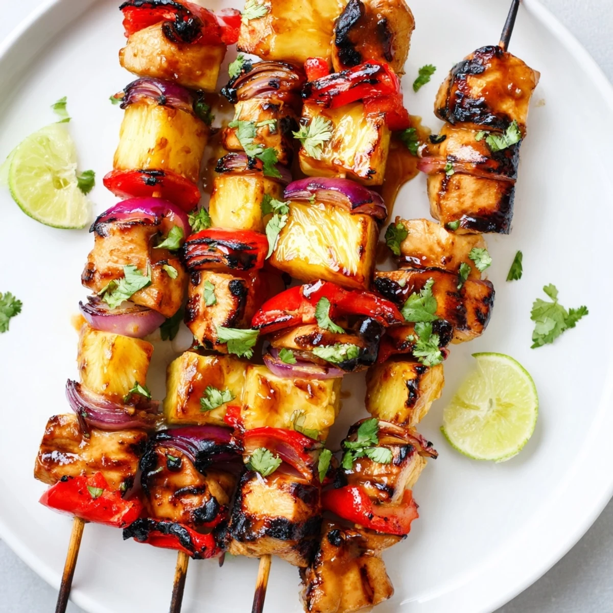 Charred, juicy Grilled Pineapple Chicken Kabobs garnished with cilantro and lime