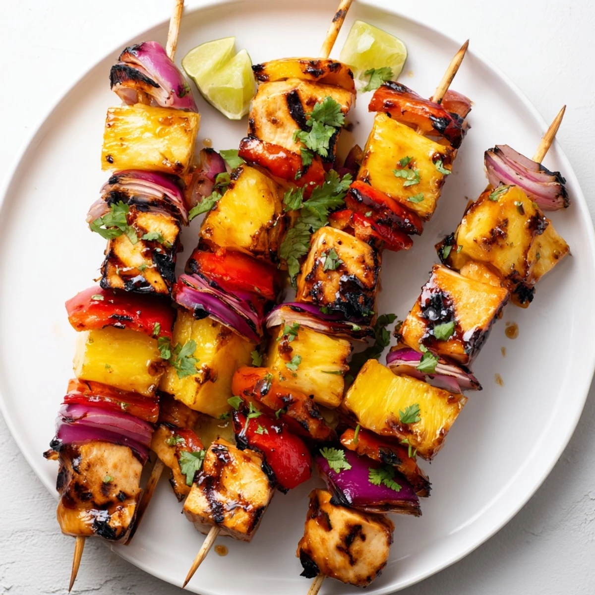 Grilled Pineapple Chicken Kabobs sizzling on the grill with colorful bell peppers