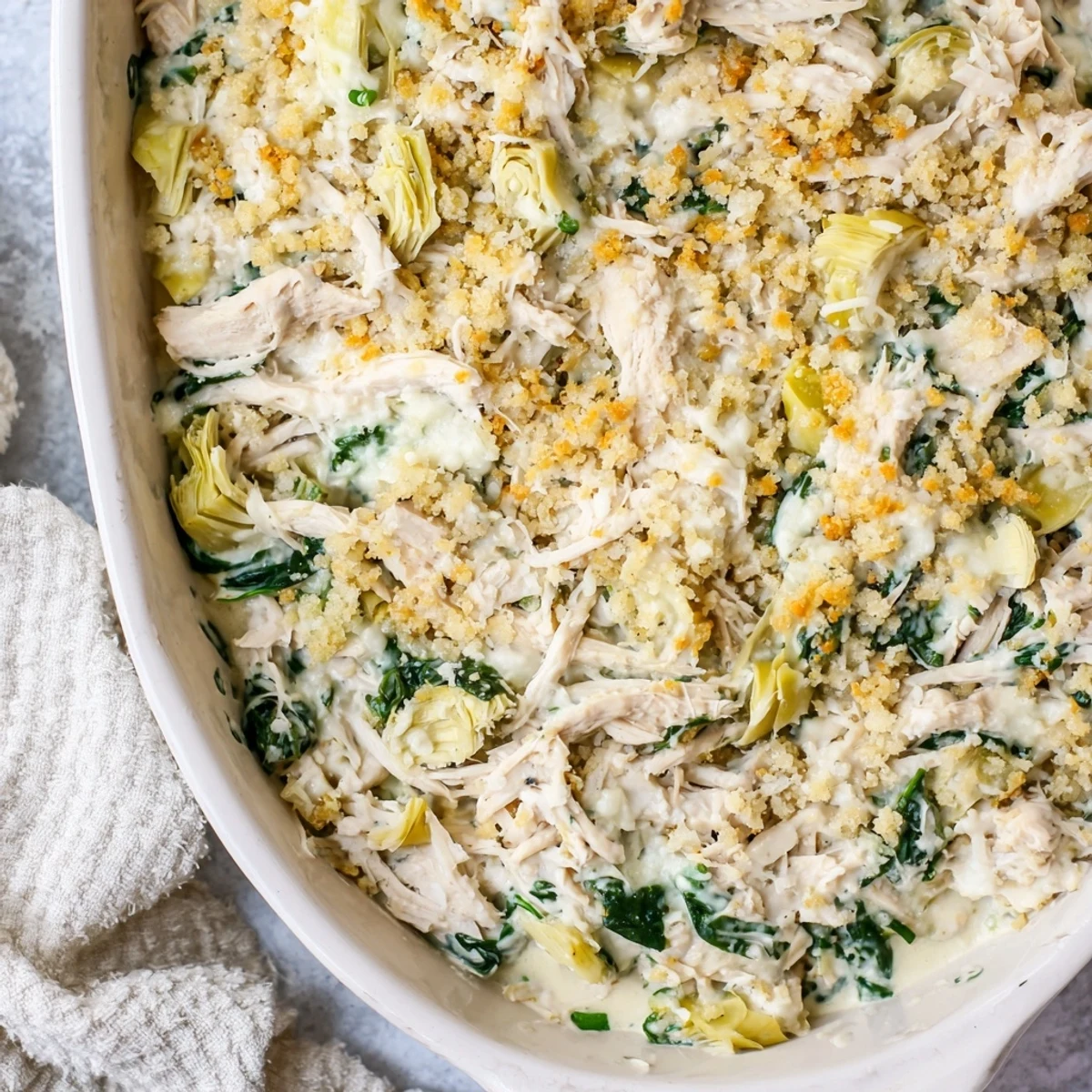 Golden bubbly high protein spinach and artichoke chicken casserole fresh from oven