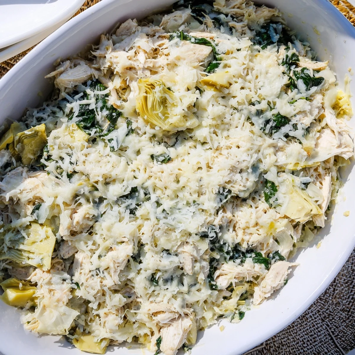 Creamy baked spinach and artichoke chicken casserole topped with melted mozzarella cheese