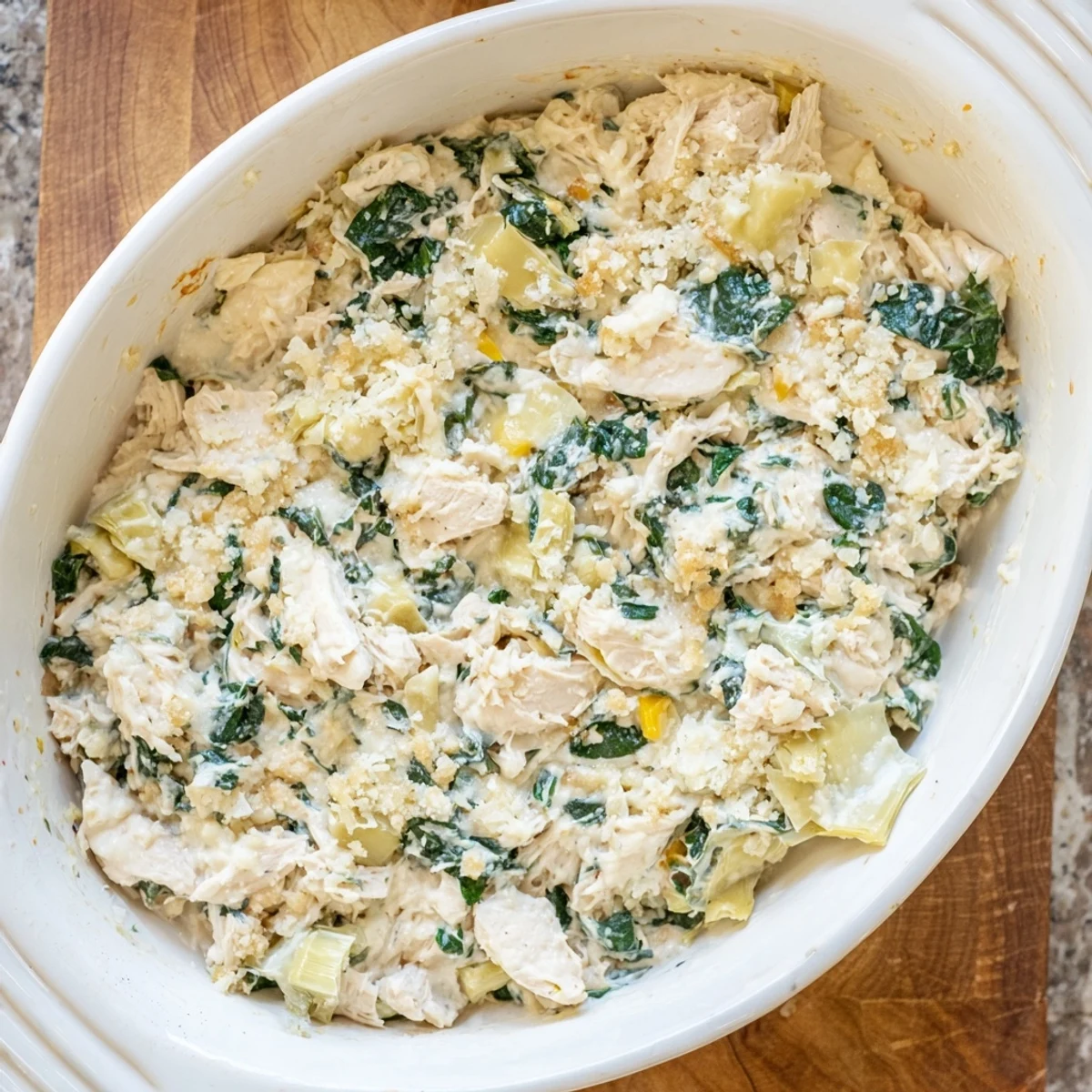 Hearty high protein spinach and artichoke chicken casserole served piping hot for dinner
