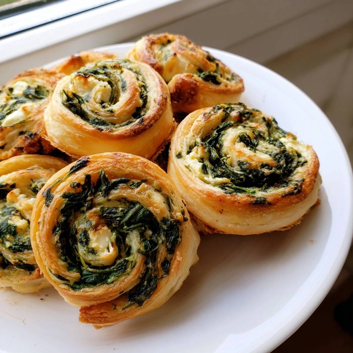 Golden gluten free spinach and feta pinwheels baked until flaky and golden brown