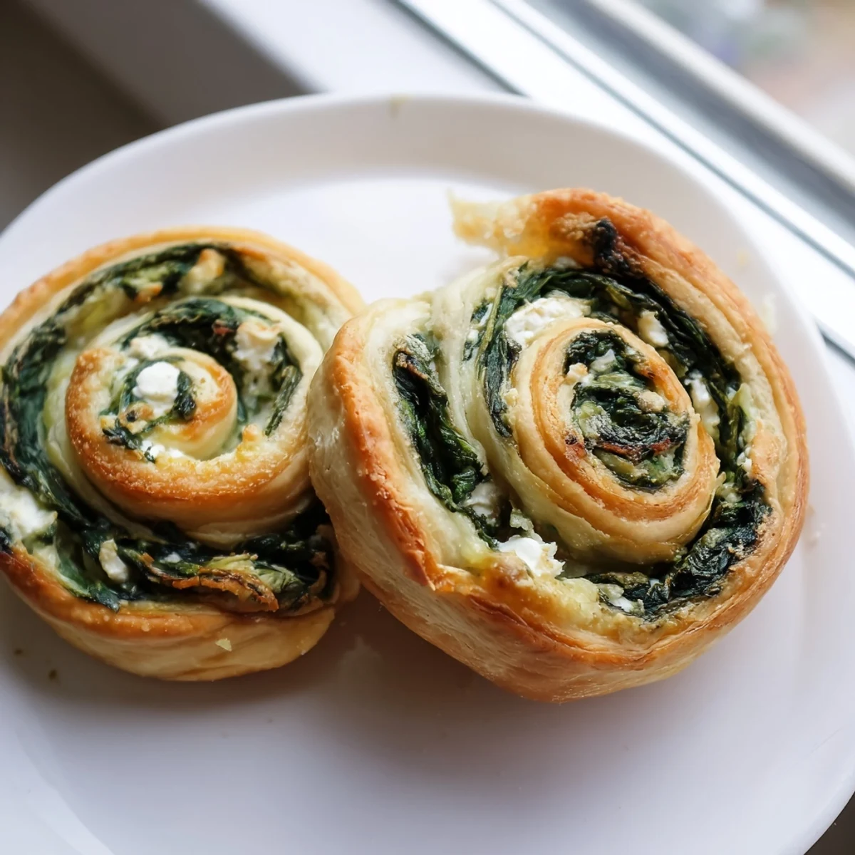Savory gluten free spinach and feta pinwheels arranged on serving platter with herbs