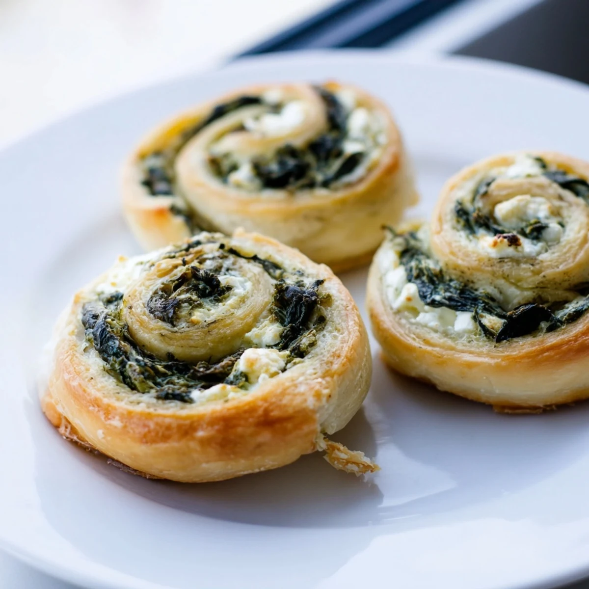 Freshly baked gluten free spinach and feta pinwheels showcasing green spinach and white feta swirls