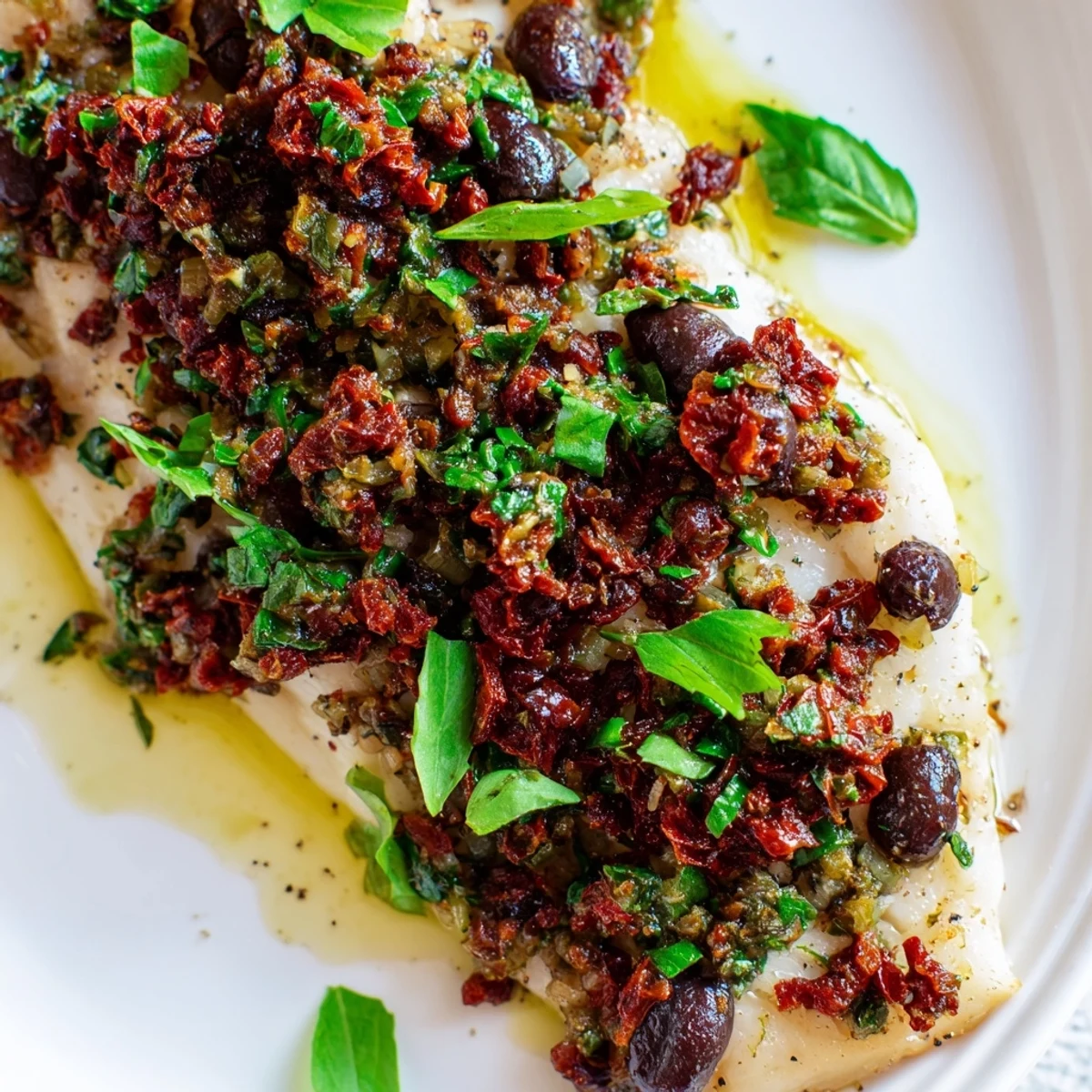 Golden baked sun dried tomato basil mahi mahi with vibrant Mediterranean topping on white plate