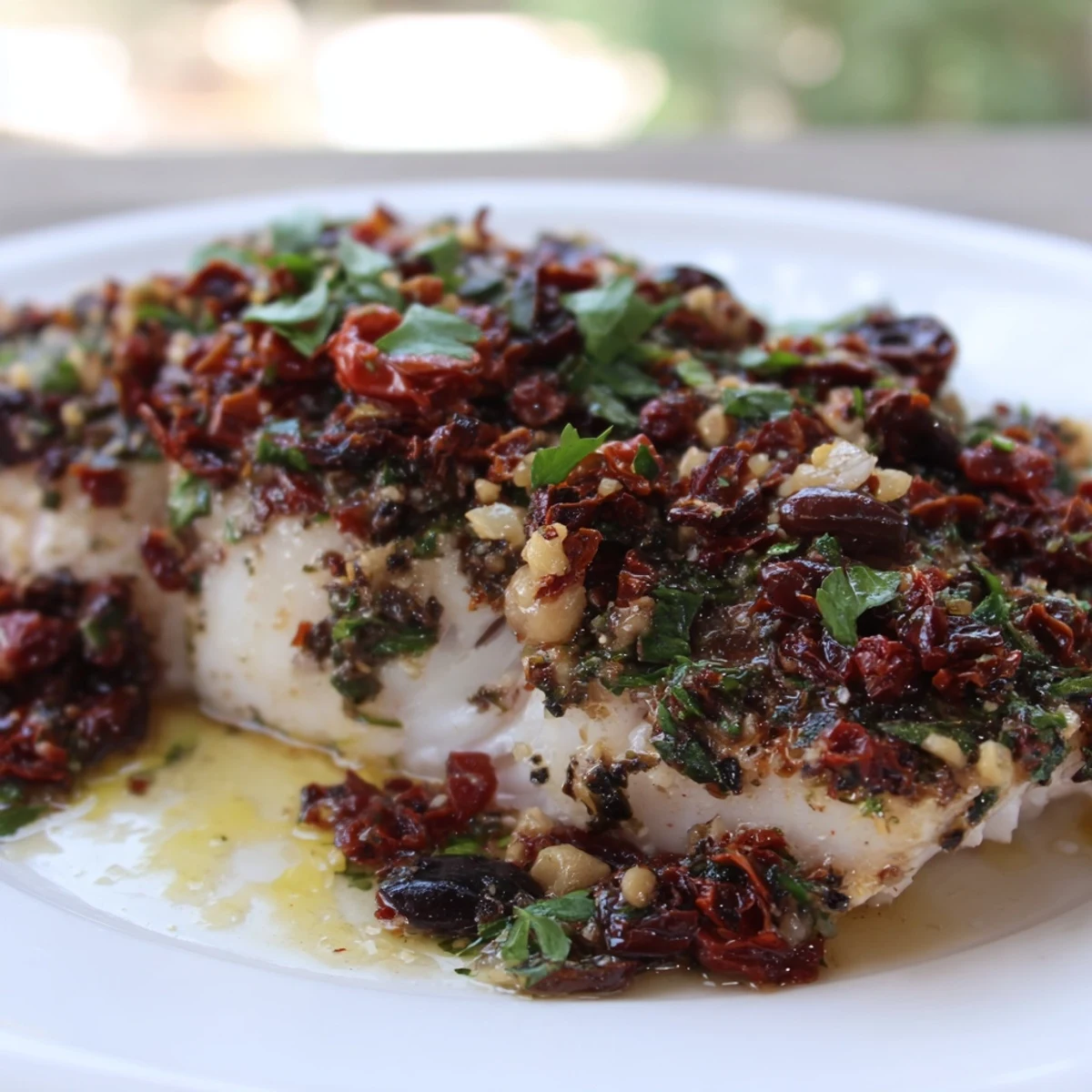 Flaky sun dried tomato basil mahi mahi garnished with fresh basil and lemon wedges