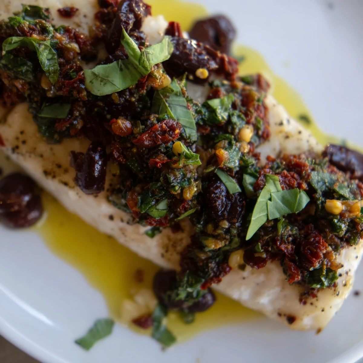 Oven roasted mahi mahi fillets topped with chopped sun dried tomatoes, basil, and capers