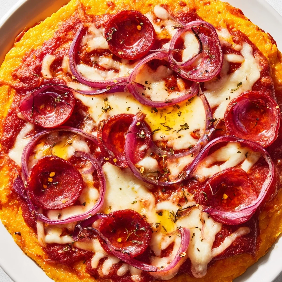 Golden pepperoni hot honey pizza with sweet potato crust featuring melted mozzarella and spicy honey drizzle