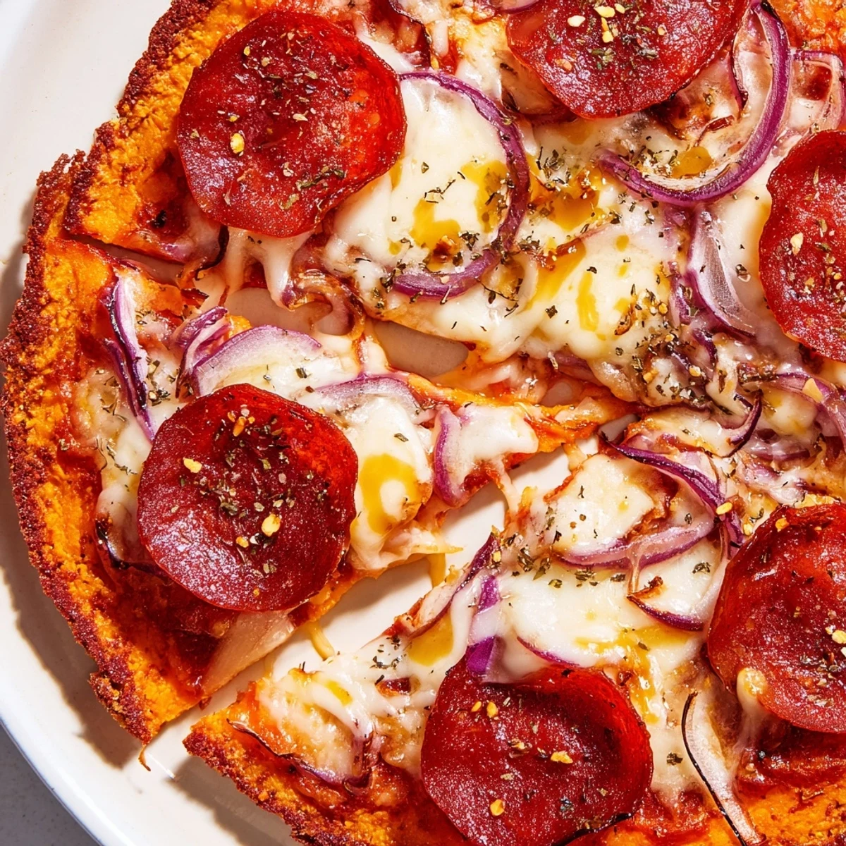 Gluten-free sweet potato crust pizza topped with pepperoni slices bubbling under chili-infused hot honey glaze