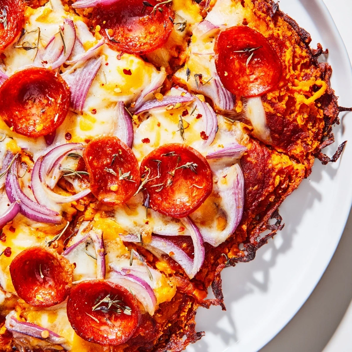 Sliced pepperoni hot honey pizza on tender orange sweet potato base with gooey cheese and red onion
