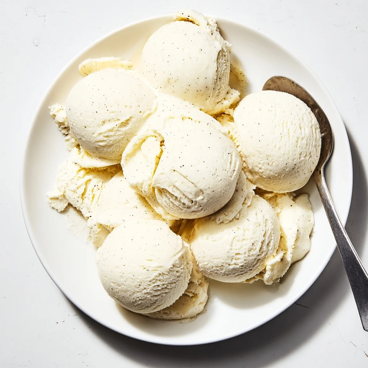 Homemade vanilla ice cream recipe served in a chilled glass bowl with fresh berries on top