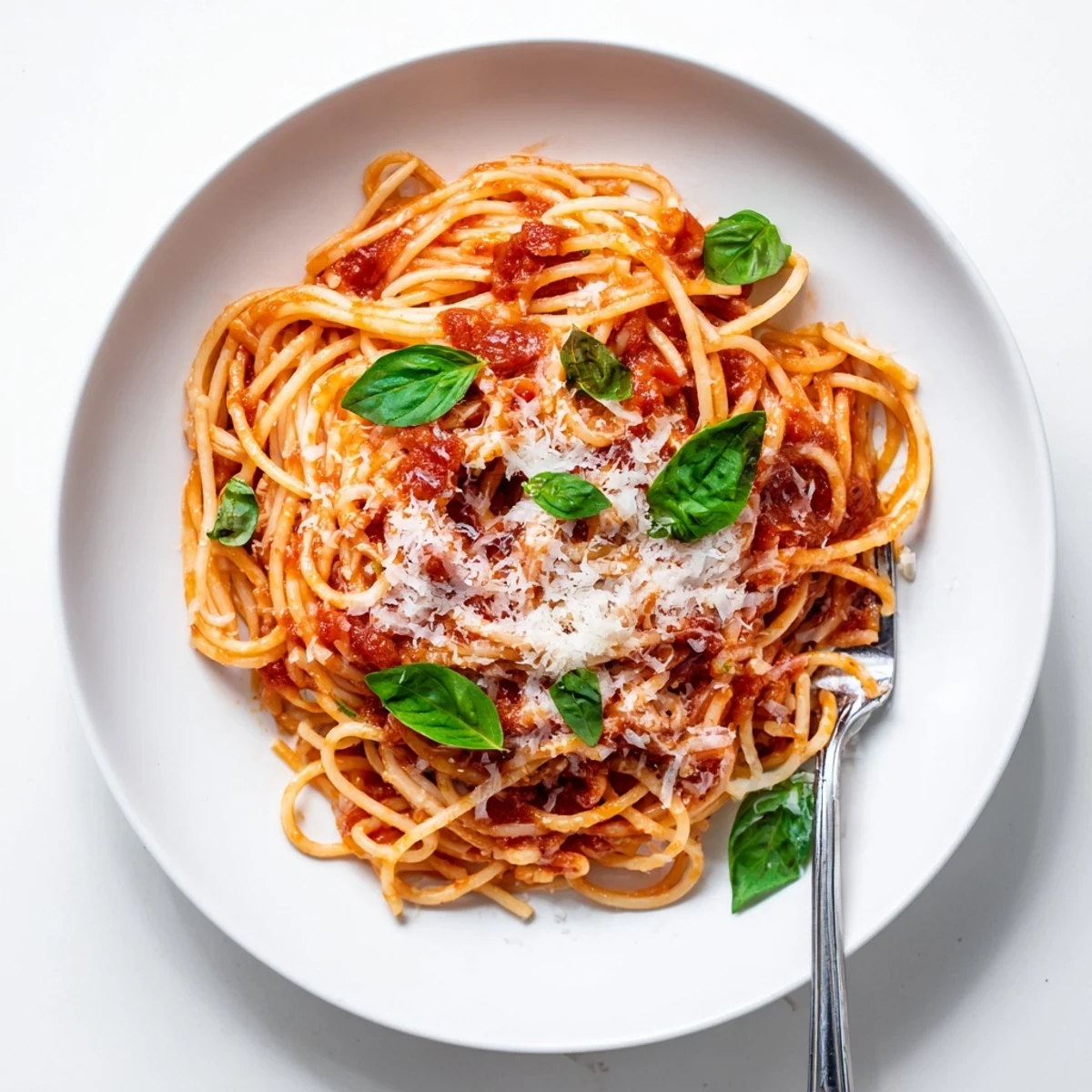 Classic Italian pasta dish featuring al dente spaghetti coated in rich tomato sauce with grated Parmesan