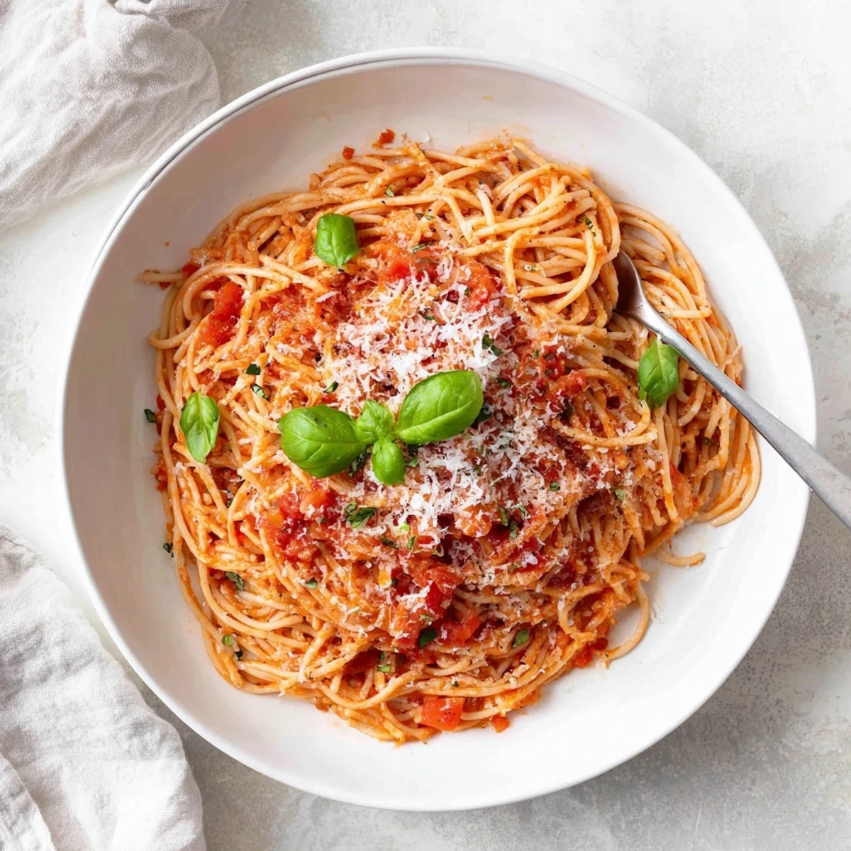 Homemade pasta dish with garlic-infused tomato sauce, finished with Parmesan cheese and tender noodles