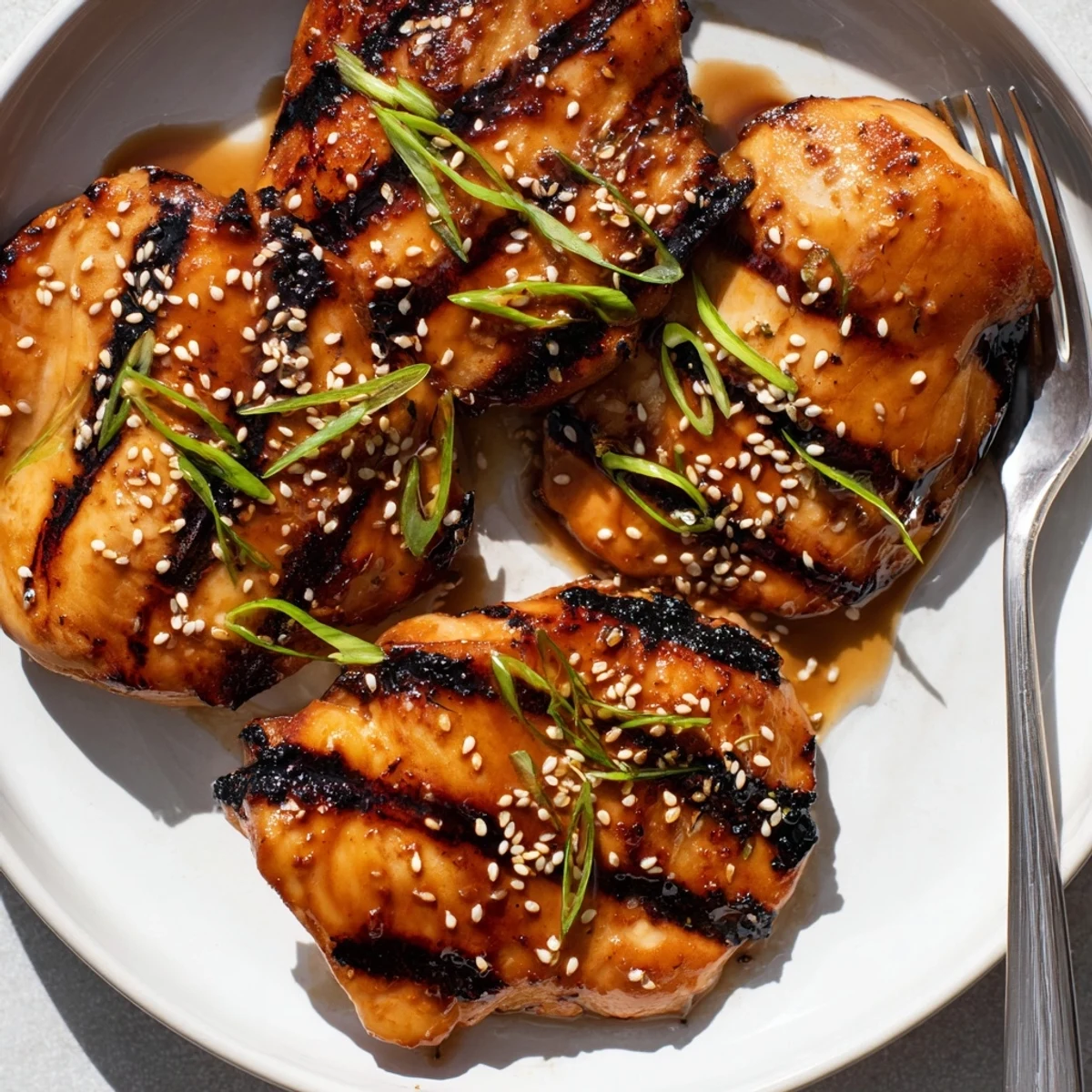 Brightly garnished Juicy Korean Chicken Thighs steaming hot with sesame and scallions