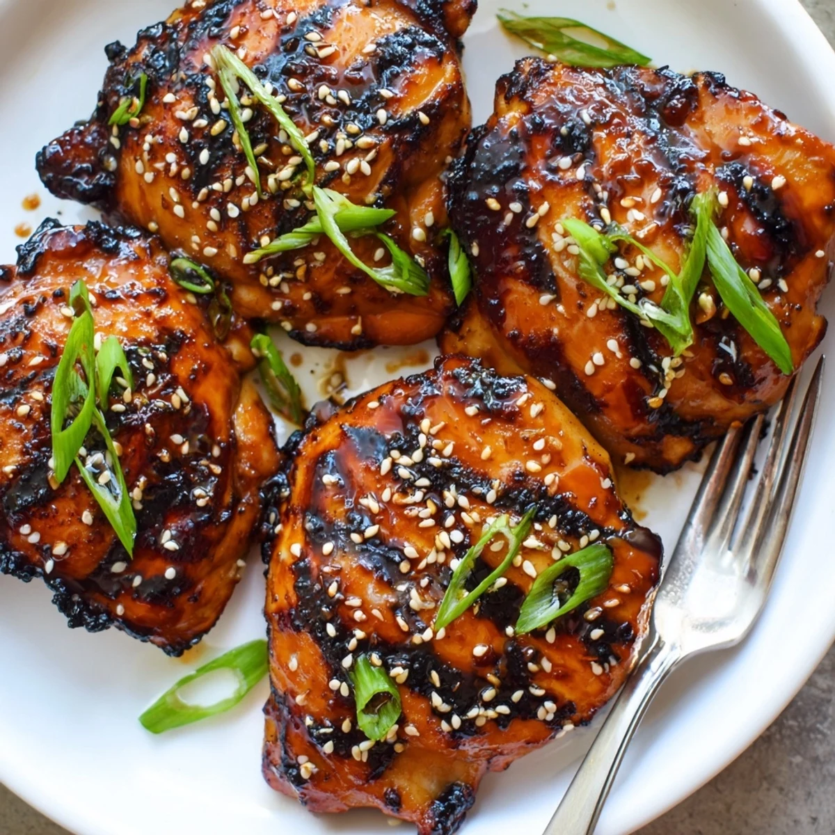 Juicy Korean Chicken Thighs glazed and caramelized, resting over steamed white rice