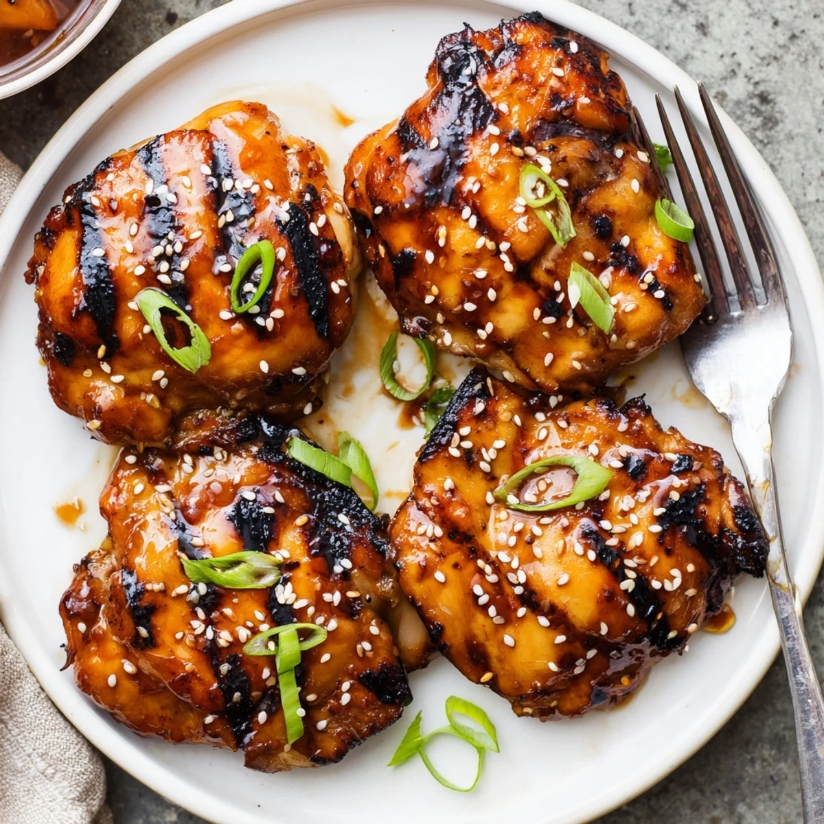 Grilled Juicy Korean Chicken Thighs with sticky gochujang glaze, aroma of garlic