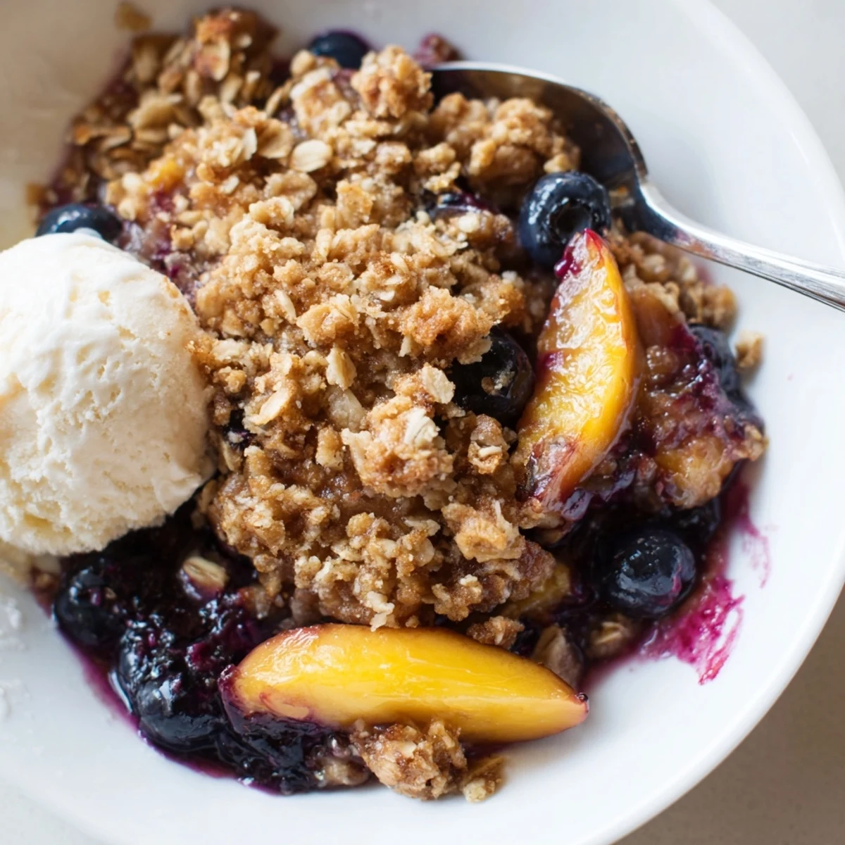 Blueberry Peach Crumble steaming in a baking dish, golden oats and bubbling fruit