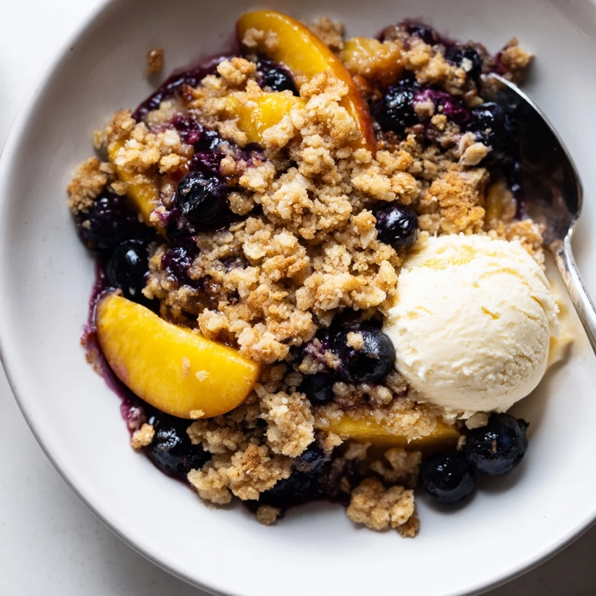 Homemade Blueberry Peach Crumble, tender peach slices and juicy blueberries under buttery topping