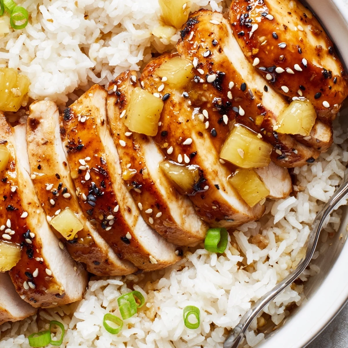 Warm Hawaiian Chicken With Coconut Rice plated with caramelized pineapple and green onions
