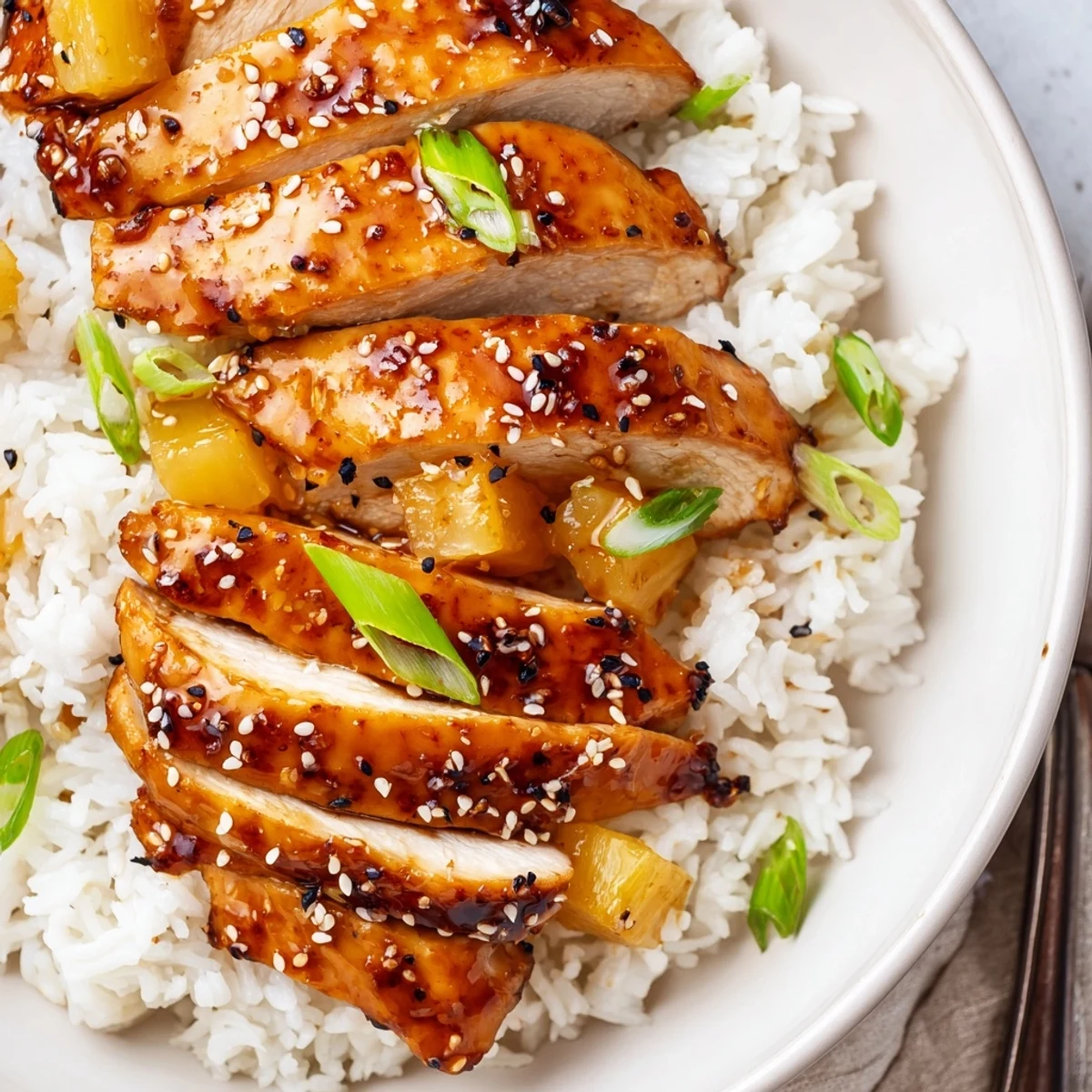 Grilled Hawaiian Chicken With Coconut Rice served steaming, sticky-sweet glaze glistening
