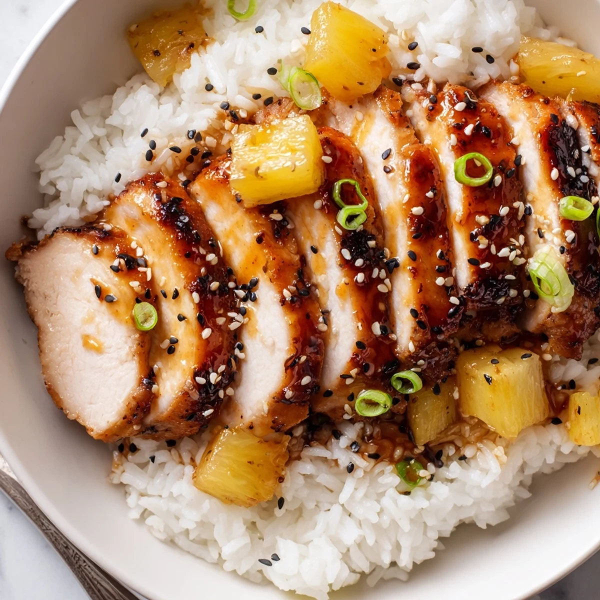 Family-style Hawaiian Chicken With Coconut Rice on a bright dinner table, inviting aroma