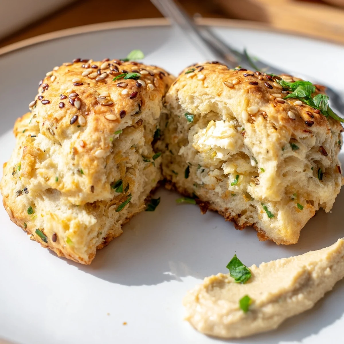 Plate of Humous Scones studded with parsley and sesame, aroma of butter.