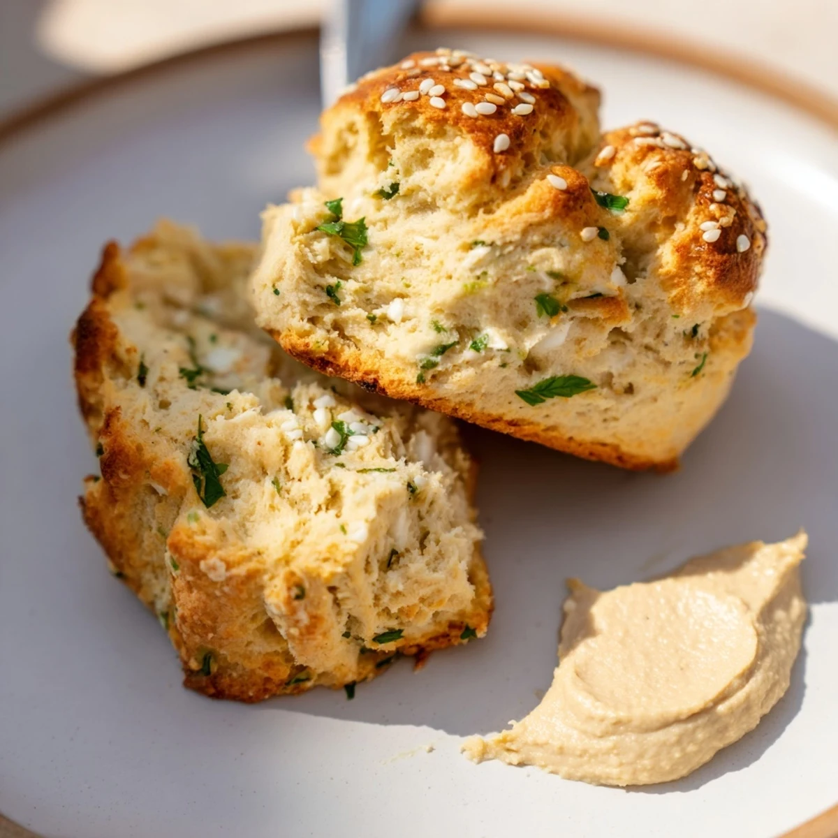 Warm Humous Scones split open revealing tender, creamy hummus-infused crumb.