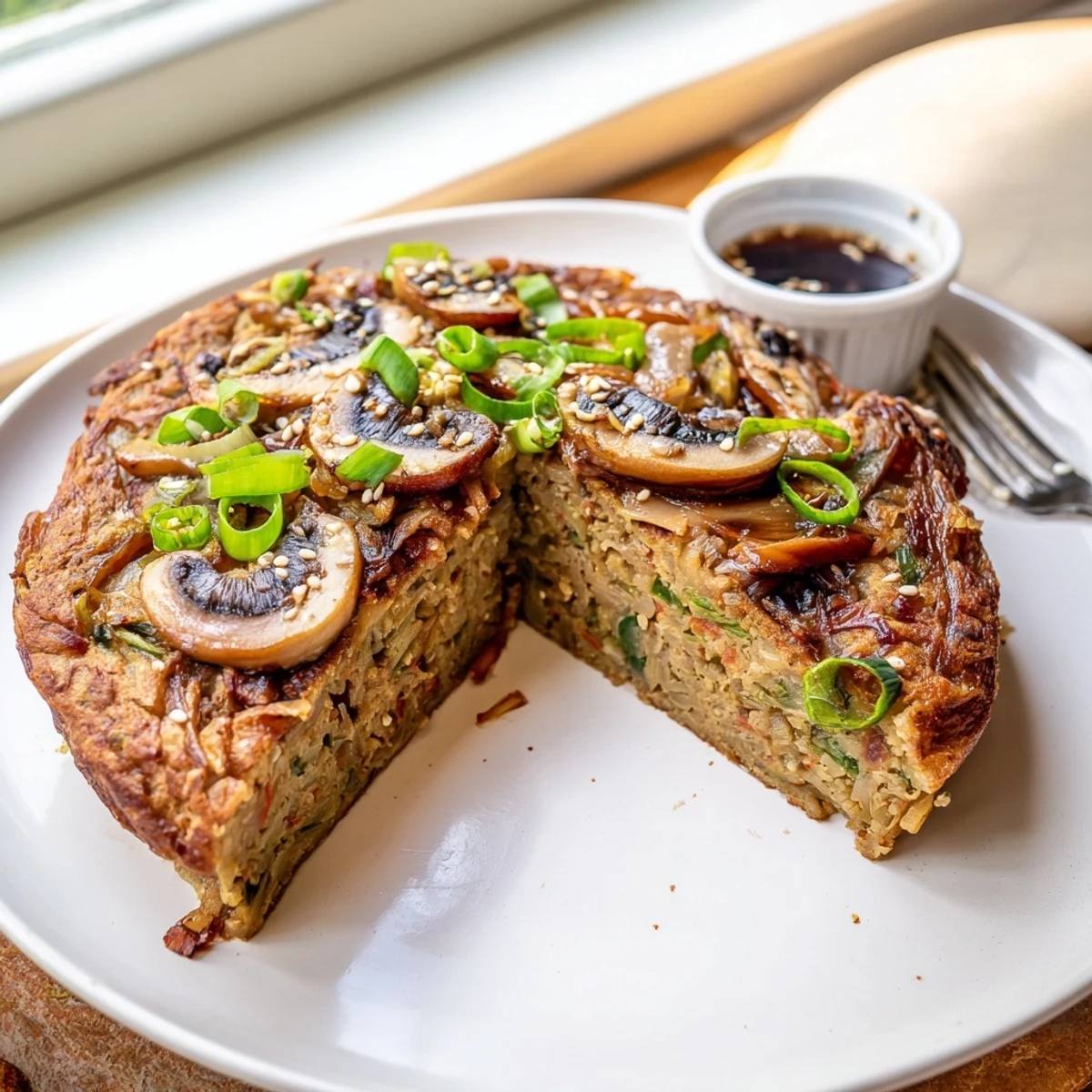 Golden Vegan Kimchi Pancake With Tamari Mushrooms, umami-glazed topping and dipping sauce.