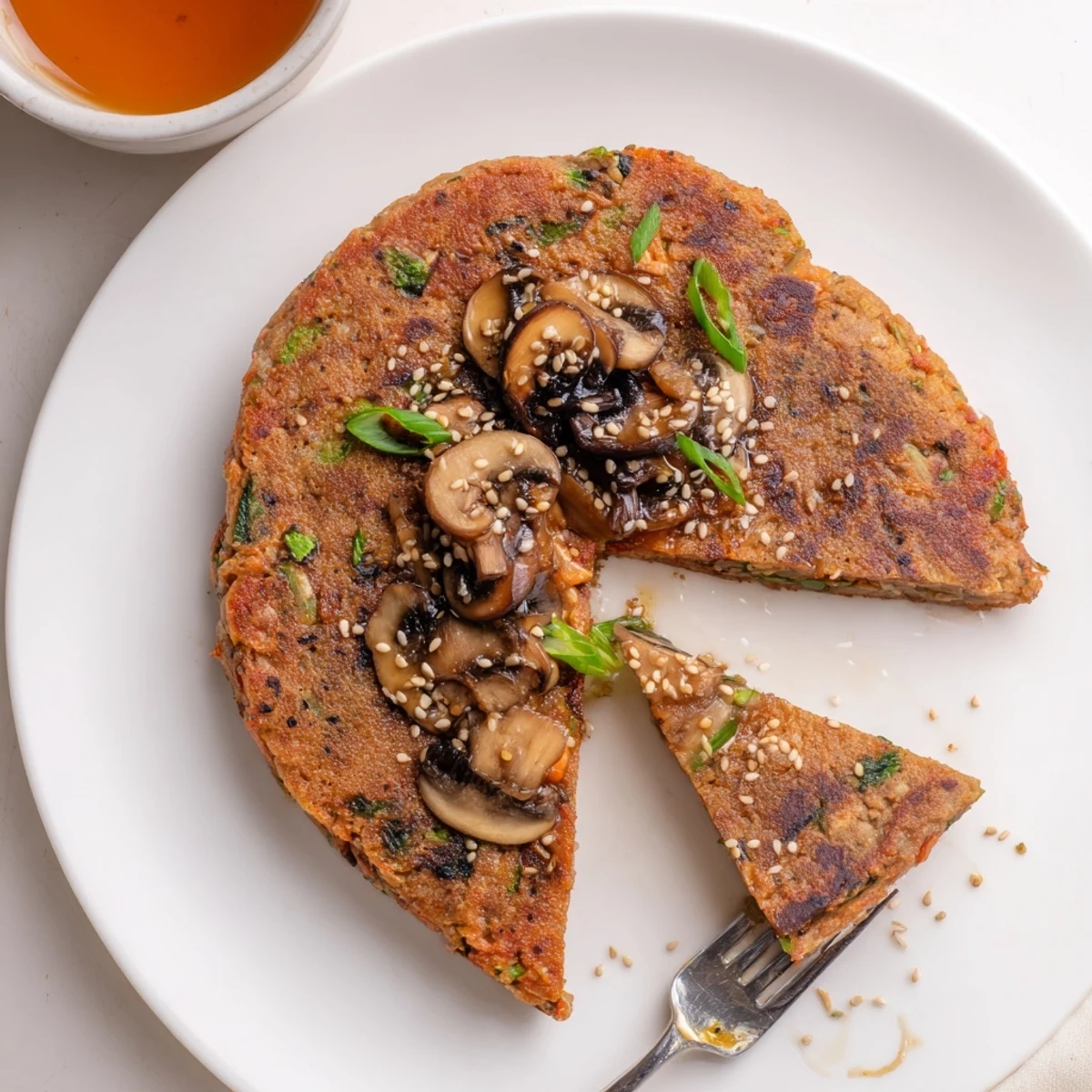 Tangy Vegan Kimchi Pancake With Tamari Mushrooms served hot, sesame-scented edges.