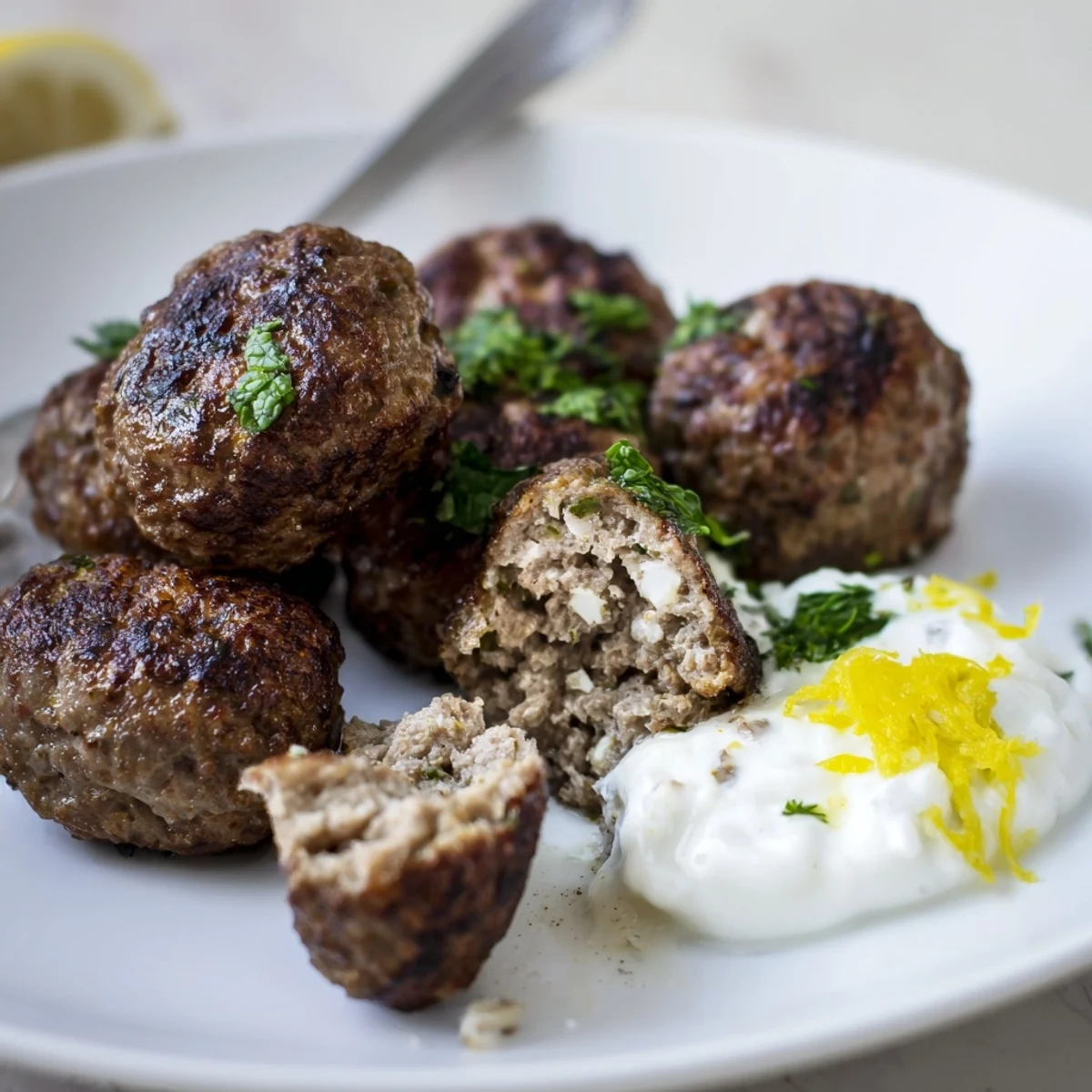 Skillet-finished Greek Style Beef Meatballs browned and steaming alongside creamy dill yogurt