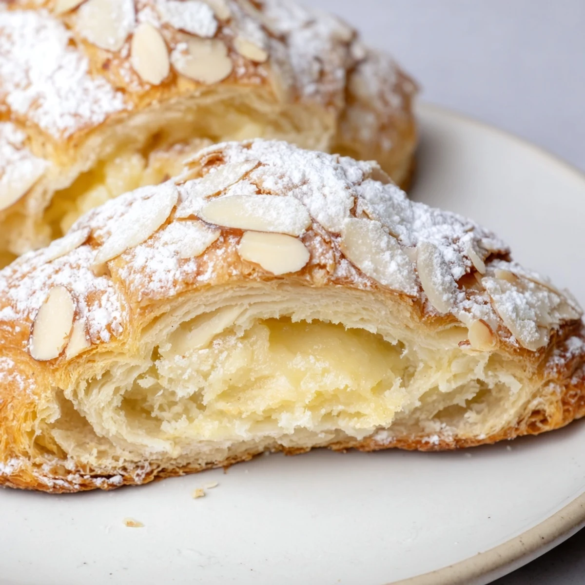 Warm Almond Croissant Cookies dusted with powdered sugar, served with coffee.