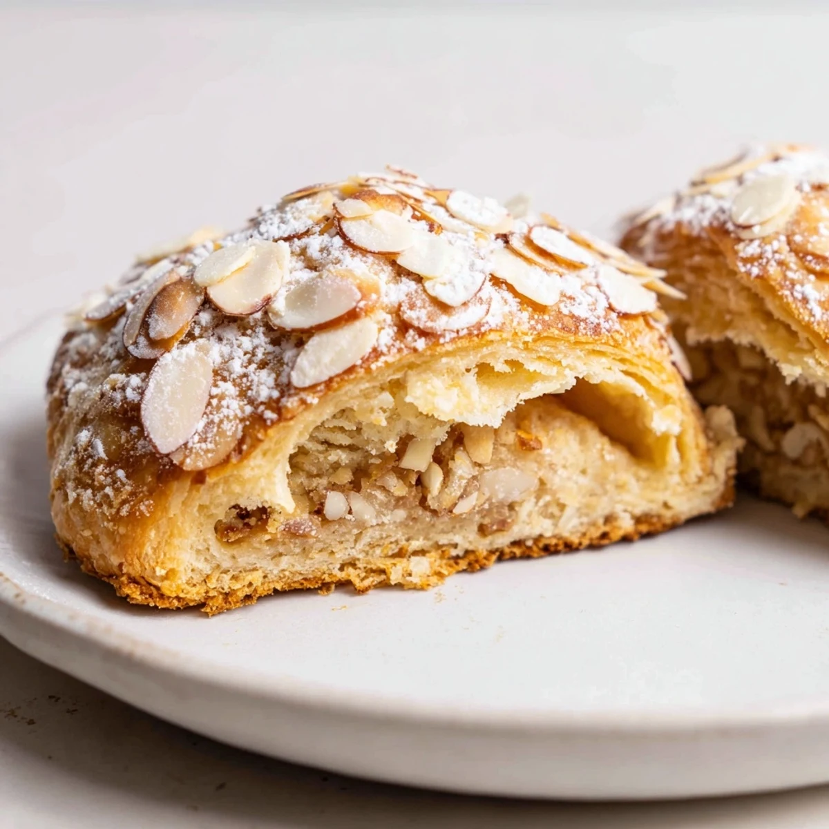 Almond Croissant Cookies with golden edges, flaky texture, topped with sliced almonds.
