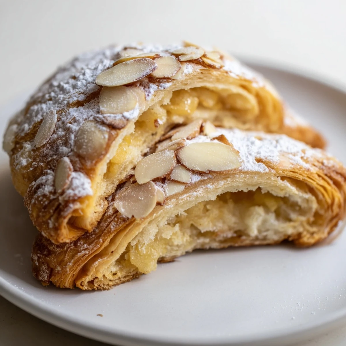 Plate of Almond Croissant Cookies arranged on parchment, flaked almonds visible.
