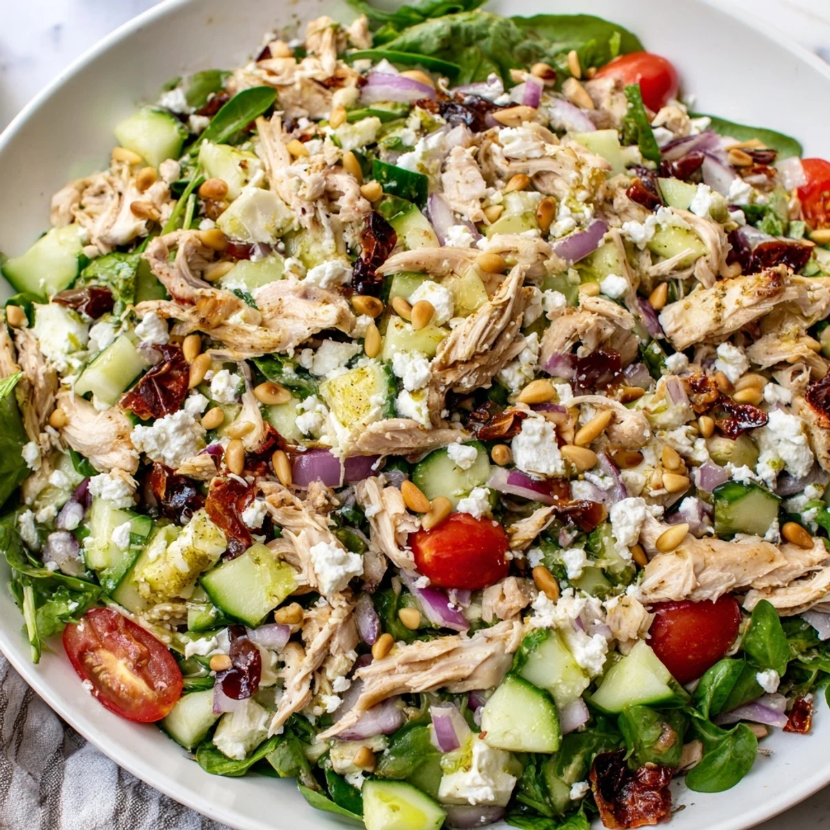 Mediterranean-style Sun Dried Tomato Chicken Salad plated with mixed greens, cucumber, and tangy sun-dried tomato dressing.